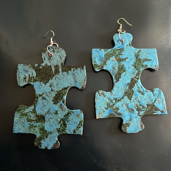 Blue & Black Puzzle Earrings - Picture 2 of 16